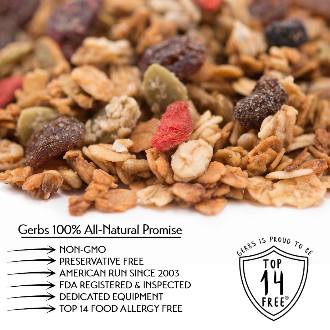 GERBS Super 5 Fruit Granola nutrition label highlights ingredients