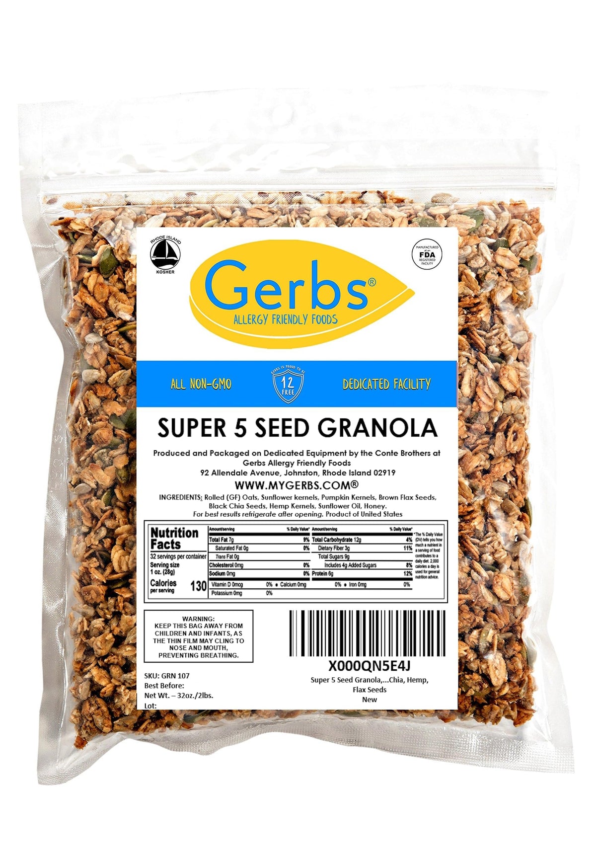 GERBS Super 5 Seed Granola pumpkin seed close-up highlights nutritious seed texture.