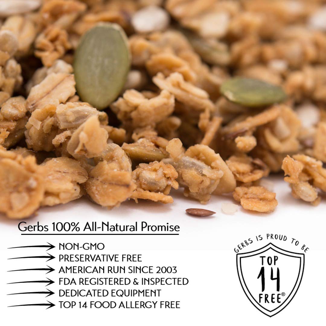 GERBS Super 5 Seed Granola sunflower seeds close-up emphasizes vibrant crunch.