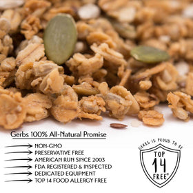 GERBS Super 5 Seed Granola sunflower seeds close-up emphasizes vibrant crunch.