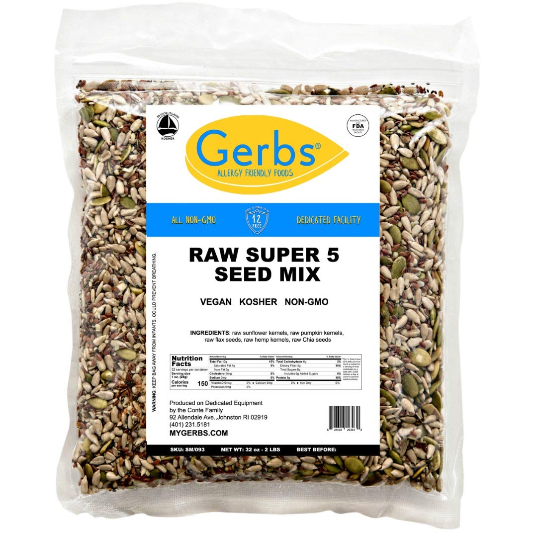 GERBS Super 5 Seed Snack Mix in a bowl highlights crunchy seed texture.