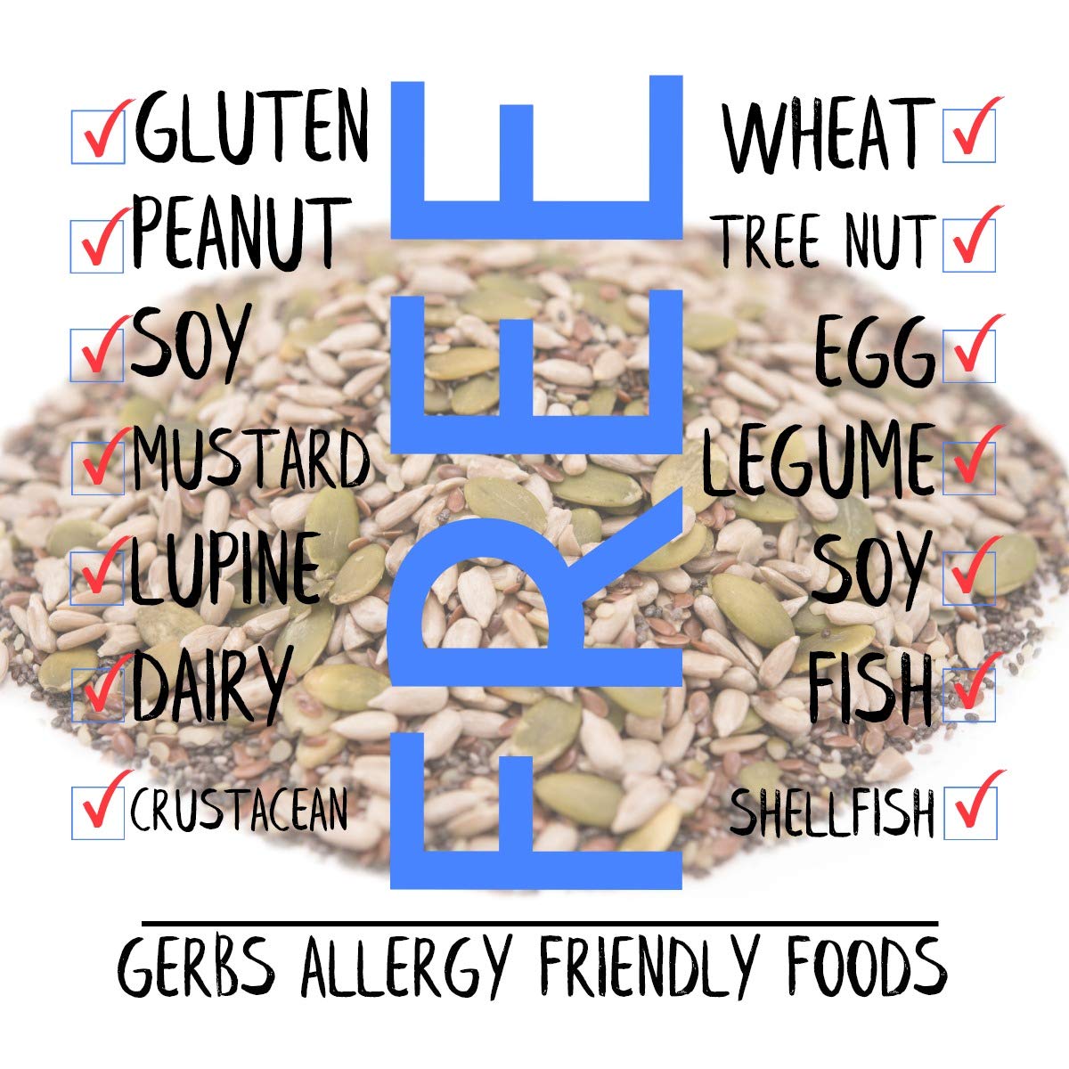GERBS Super 5 Seed Snack Mix pumpkin seeds close-up emphasizes natural crunch.