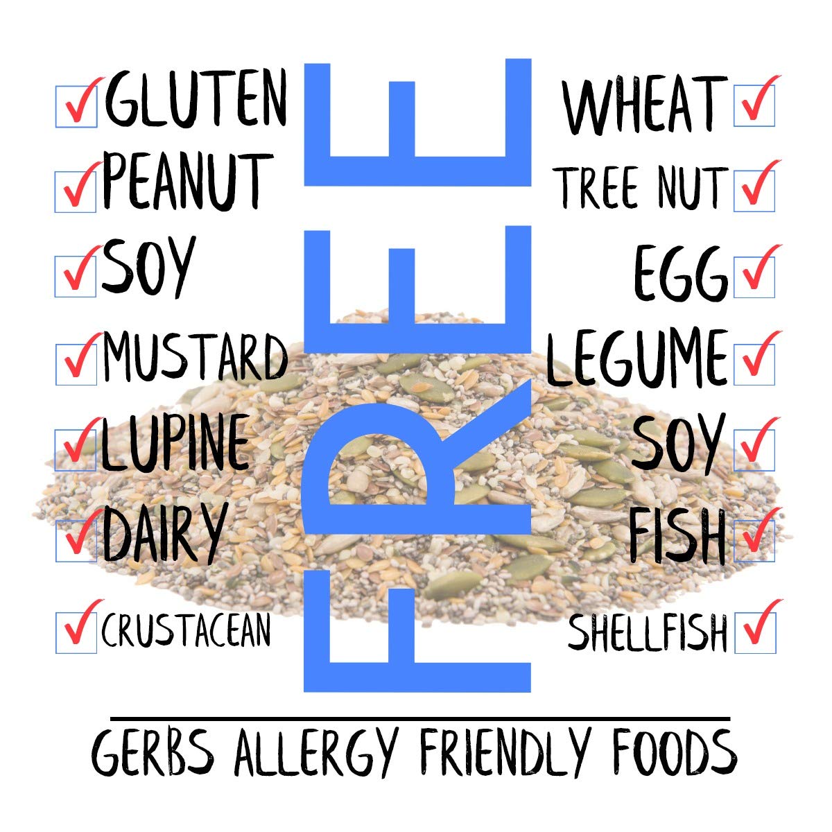 GERBS Super 7 Seed Snack Mix packaging highlights allergen-free claim