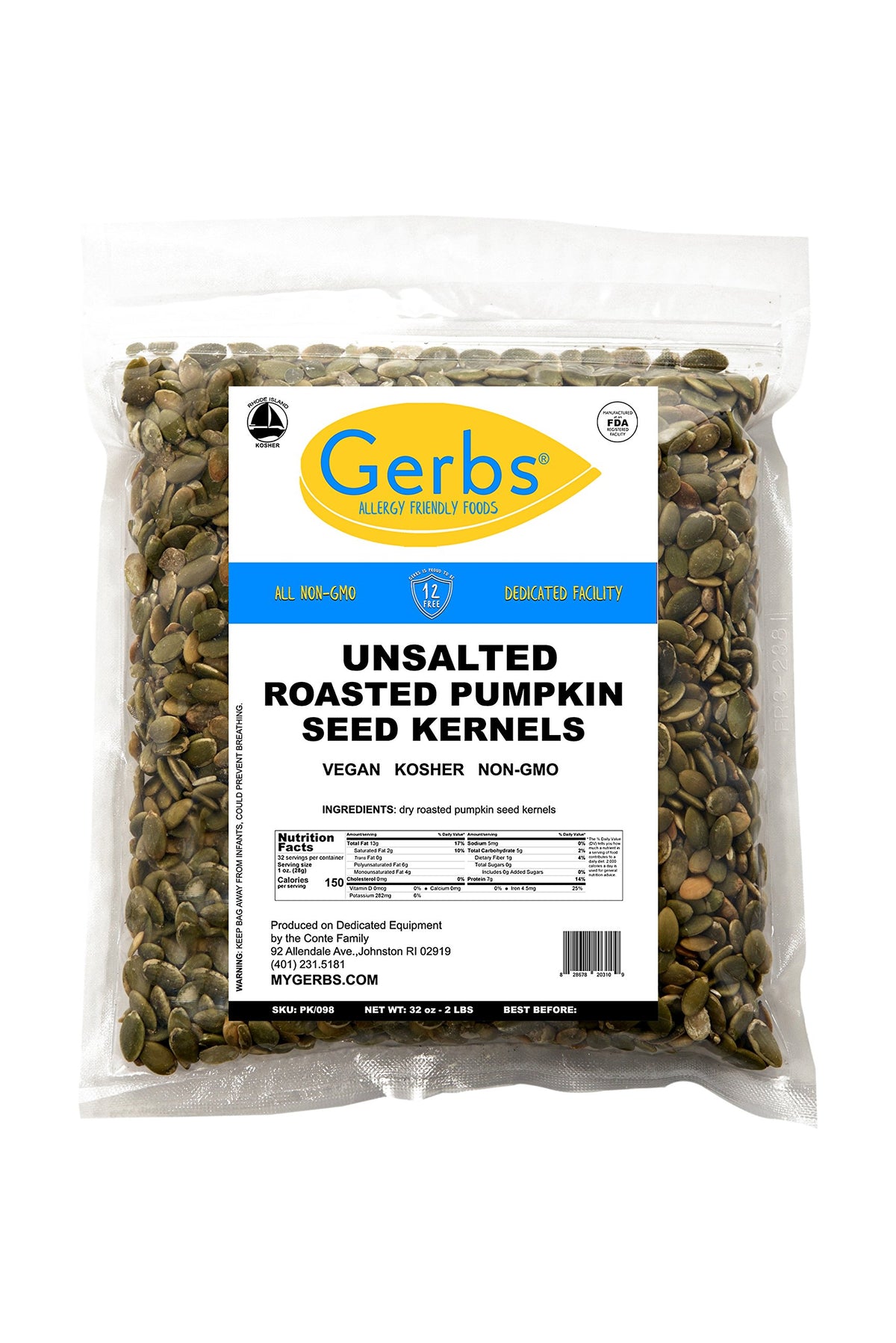 GERBS unsalted pumpkin seed kernels used in baking for nutty flavor.