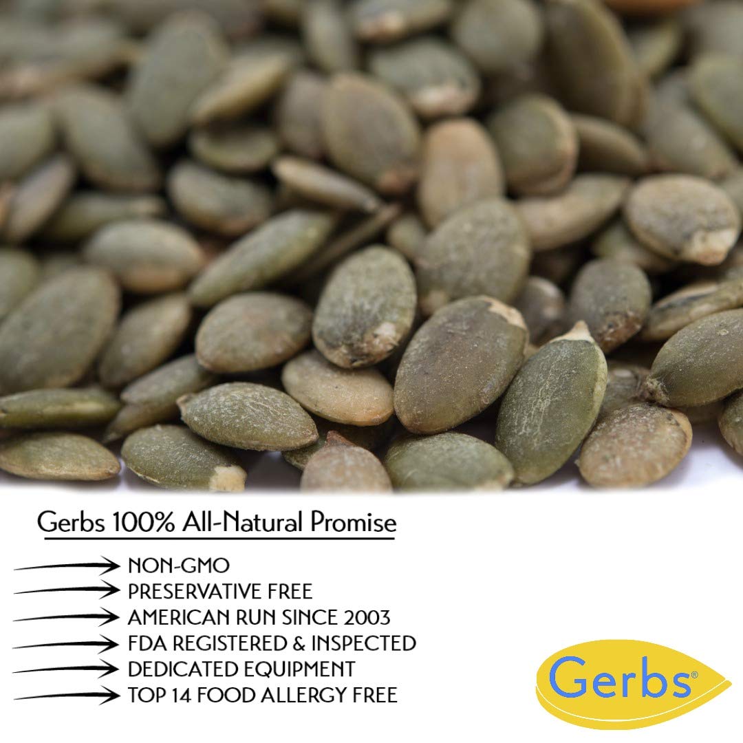 GERBS unsalted pumpkin seed kernels in trail mix for energy and crunch.