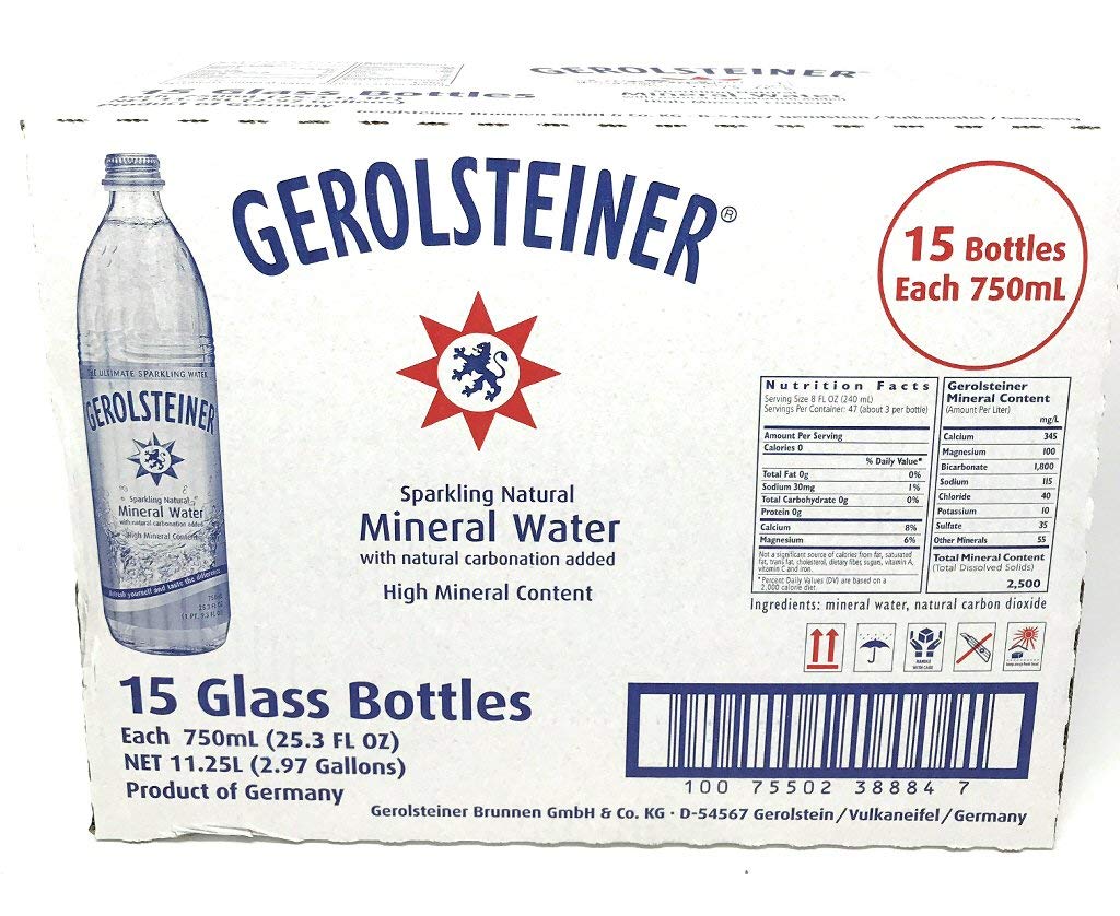 Gerolsteiner sparkling water bottle pouring offers refreshing hydration and crisp flavor.