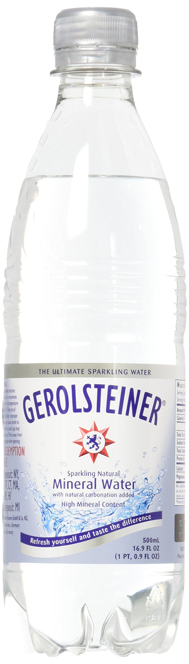 Gerolsteiner sparkling water bottle pour, refreshing hydration for daily meals.