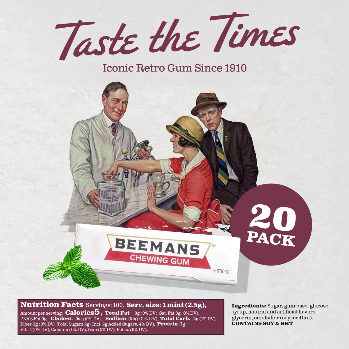 Back of Beeman’s 20-count pack showing clean ingredients for mindful shoppers.