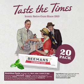 Back of Beeman’s 20-count pack showing clean ingredients for mindful shoppers.