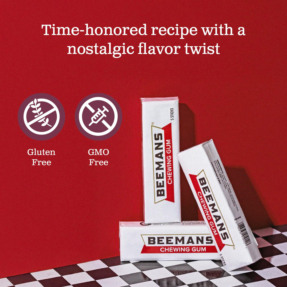 Beeman’s retro logo on pack highlighting vintage branding.