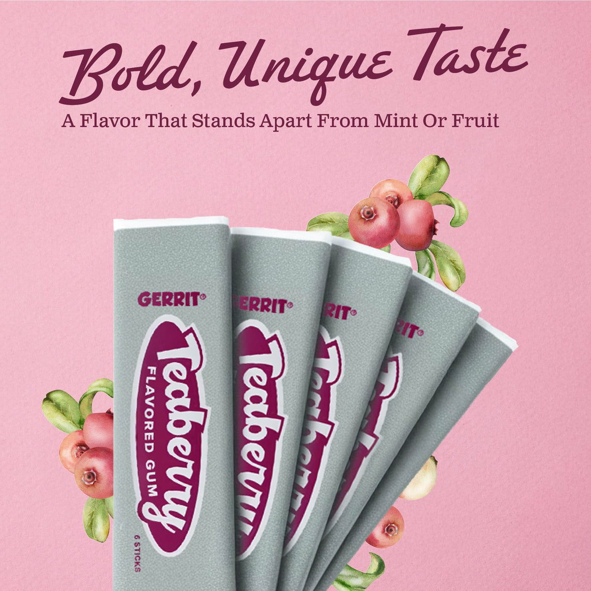 Gerrit’s Teaberry Gum 20-count pack highlights convenient, shareable five-stick portions.