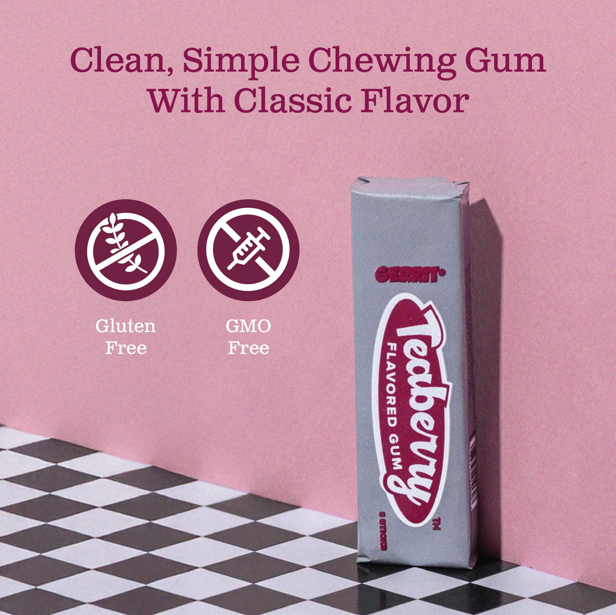 Gerrit’s Teaberry Gum close-up on a single stick captures its crunch-to-chew texture.
