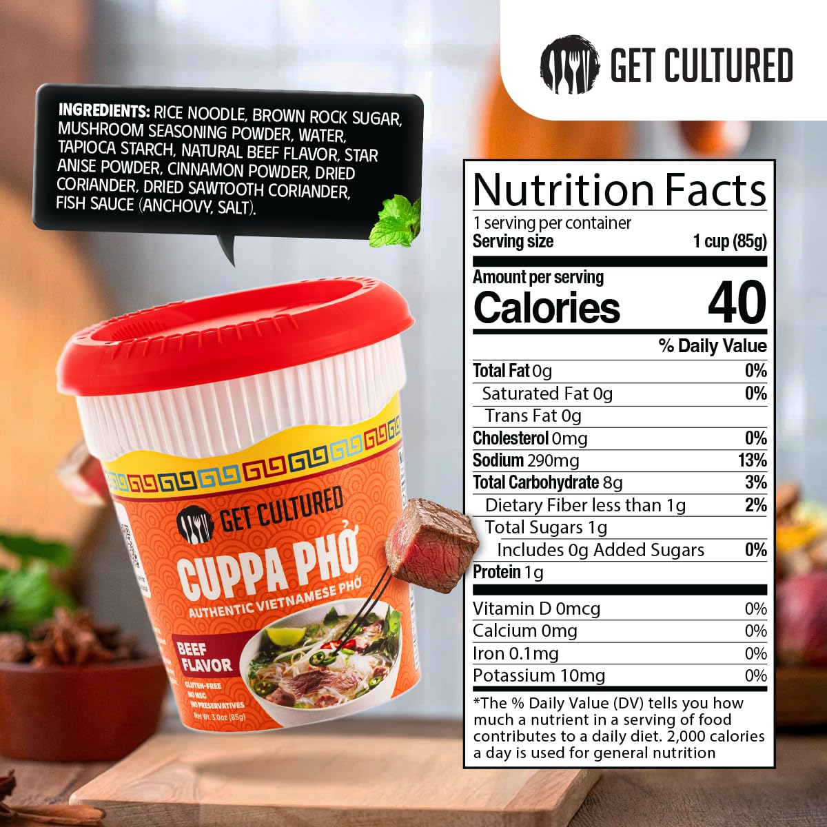 Get Cultured Box pho ingredients pack highlights real herbs for rich broth.