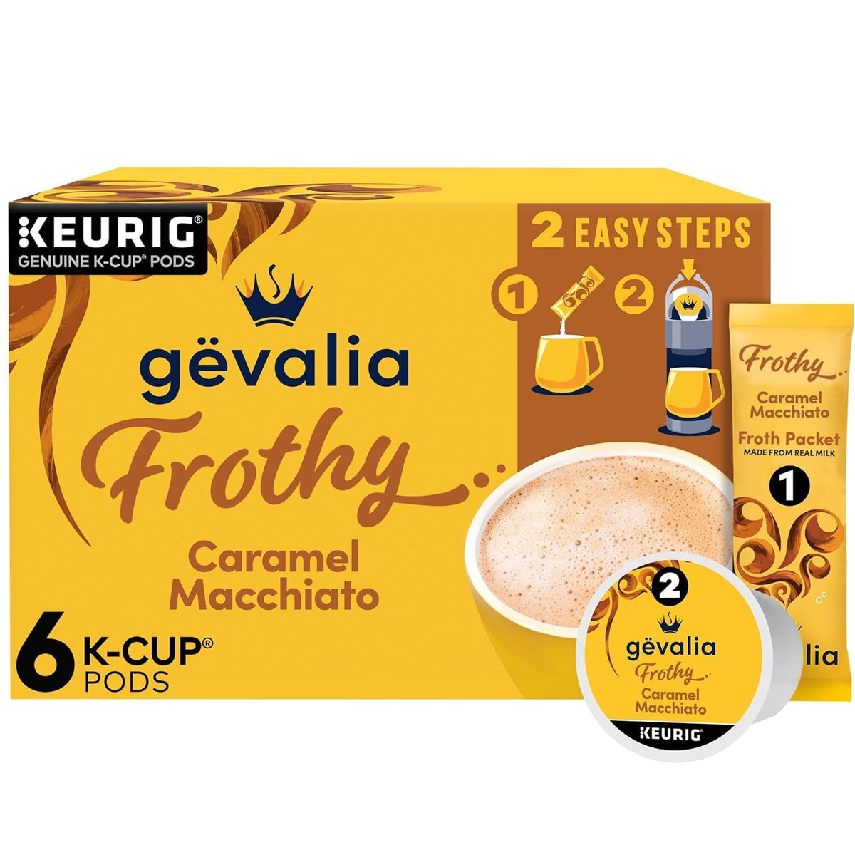 Gevalia caramel macchiato box with froth packets for cafe-style mornings