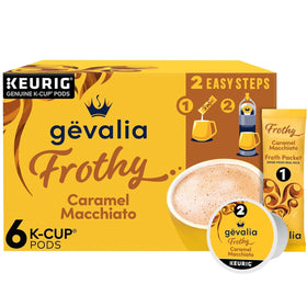 Gevalia caramel macchiato box with froth packets for cafe-style mornings