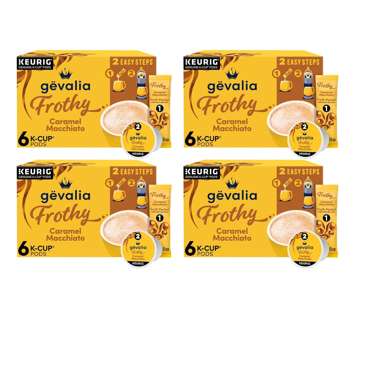 Gevalia caramel macchiato K-Cup pods packaging for quick espresso-style mornings.