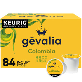 Gevalia Colombia K-Cup pods in box showing 84-count value for home or office use.