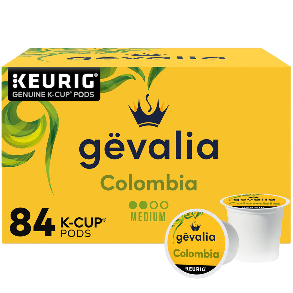 Gevalia Colombia K-Cup pods in box showing 84-count value for home or office use.