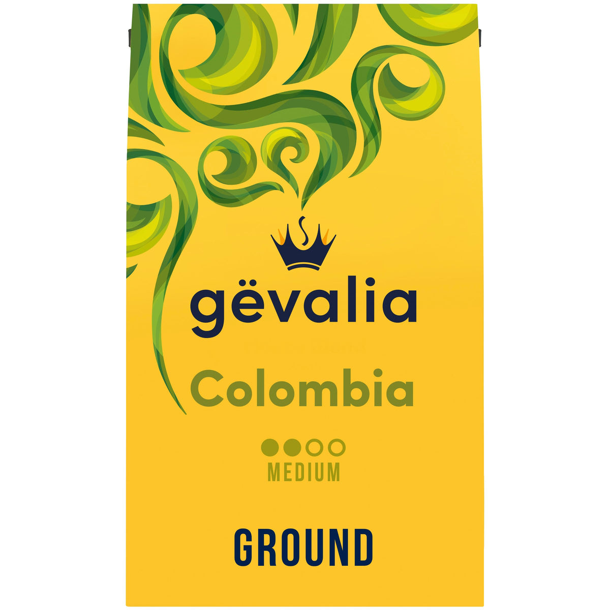 Gevalia Colombia medium roast ground coffee pack front, inviting aroma for a smooth morning.