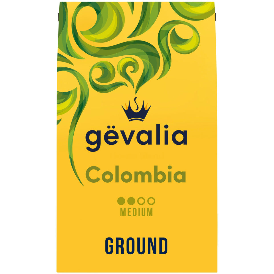 Gevalia Colombia medium roast ground coffee pack front, inviting aroma for a smooth morning.