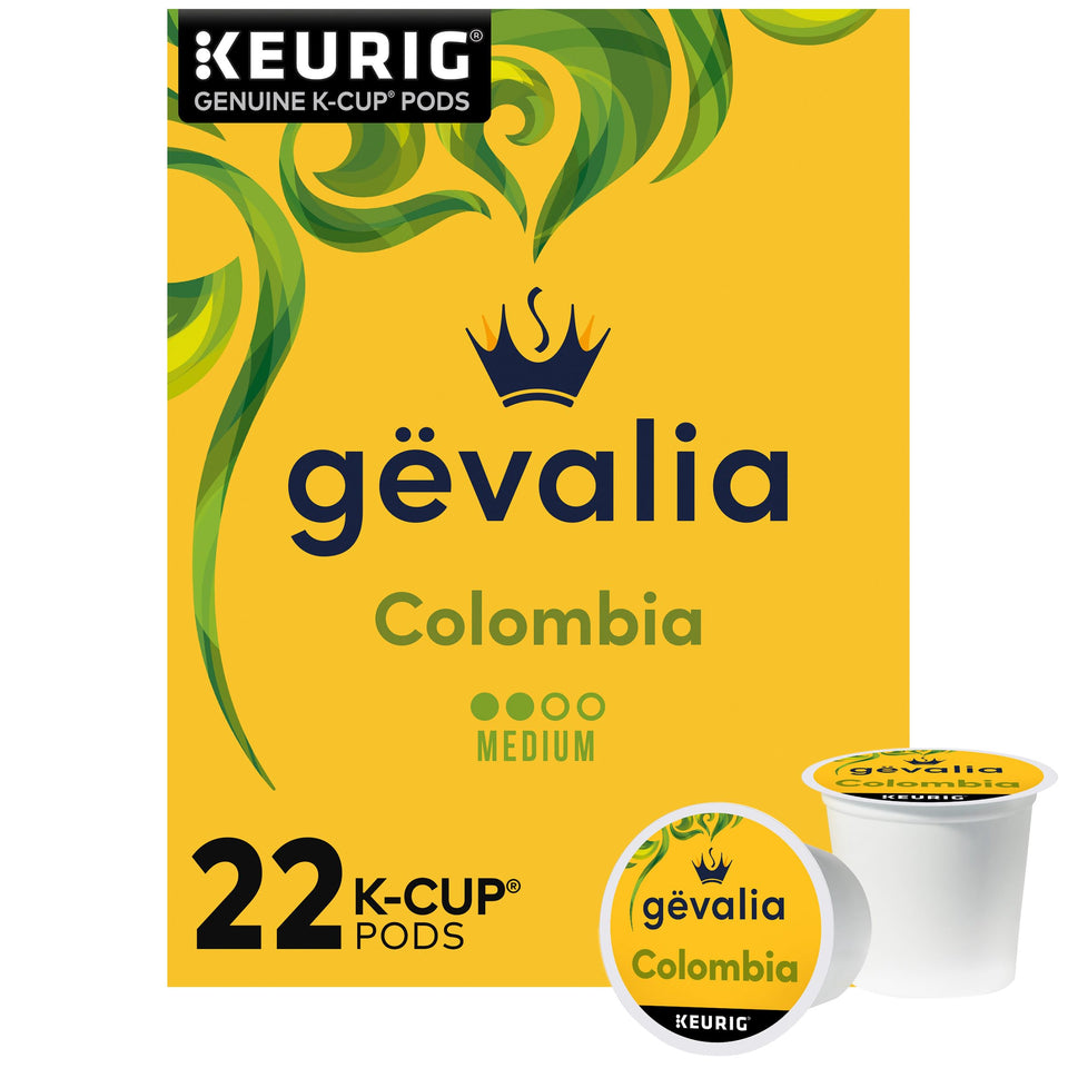 Gevalia Colombia K-Cup box front, 22-count packaging for daily morning rituals
