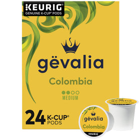 Gevalia Colombia Medium Roast K-Cups box front with premium Arabica beans.