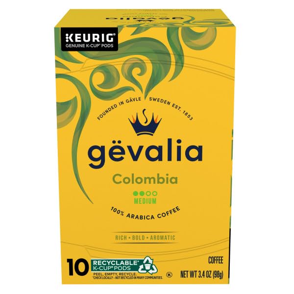 Gevalia Colombia medium roast K-Cup pods for a bold morning brew.