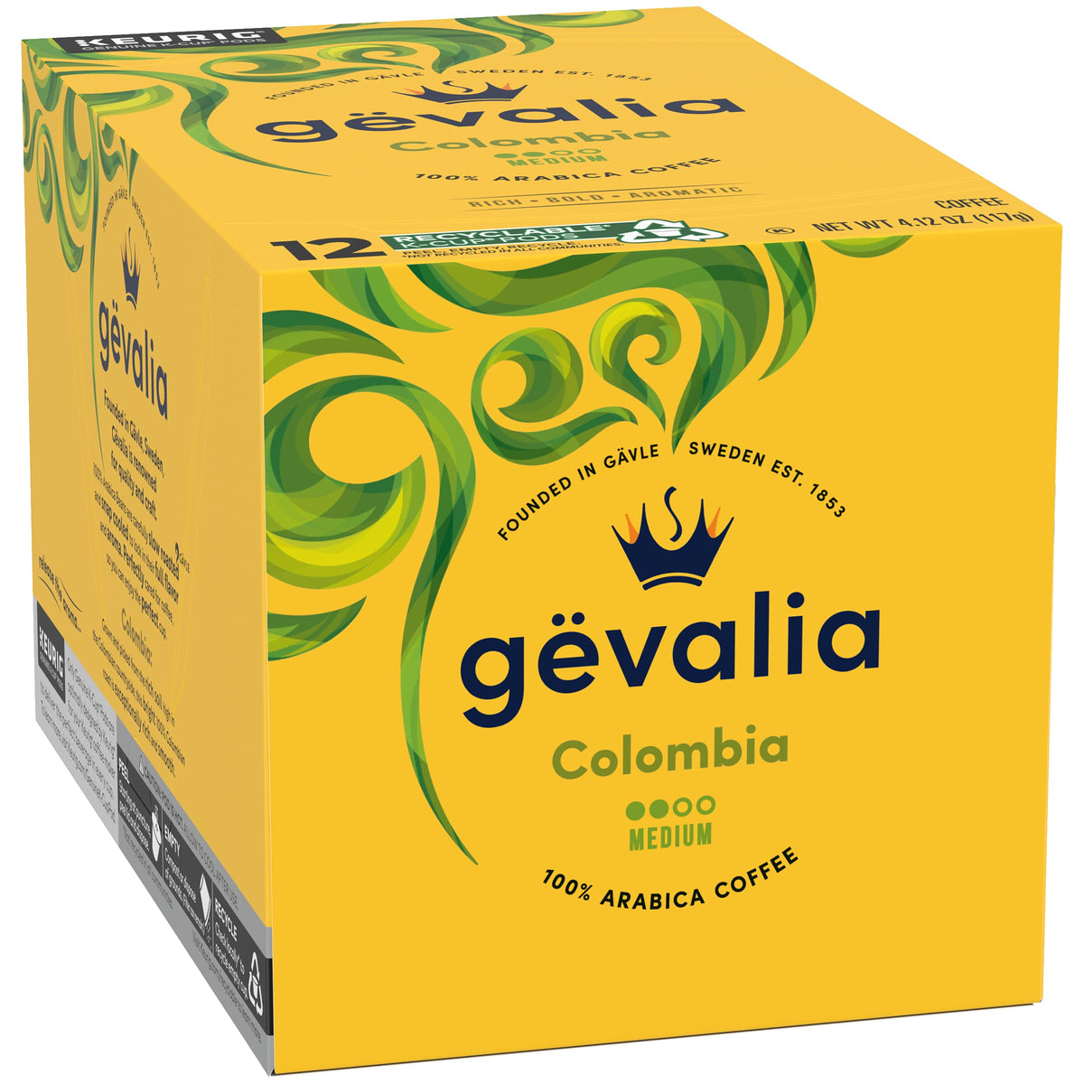 Gevalia Arabica beans pouring, showcasing premium Colombian origin and quality.