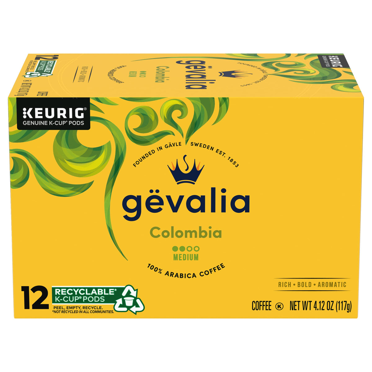 Gevalia K-Cups close-up of individual cups highlighting 100% Arabica beans.