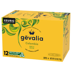 Gevalia Colombian K-Cups display emphasizing Keurig 1.0 and 2.0 compatibility.