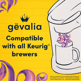 Gevalia Dark Royal Roast box with pods on a kitchen counter.