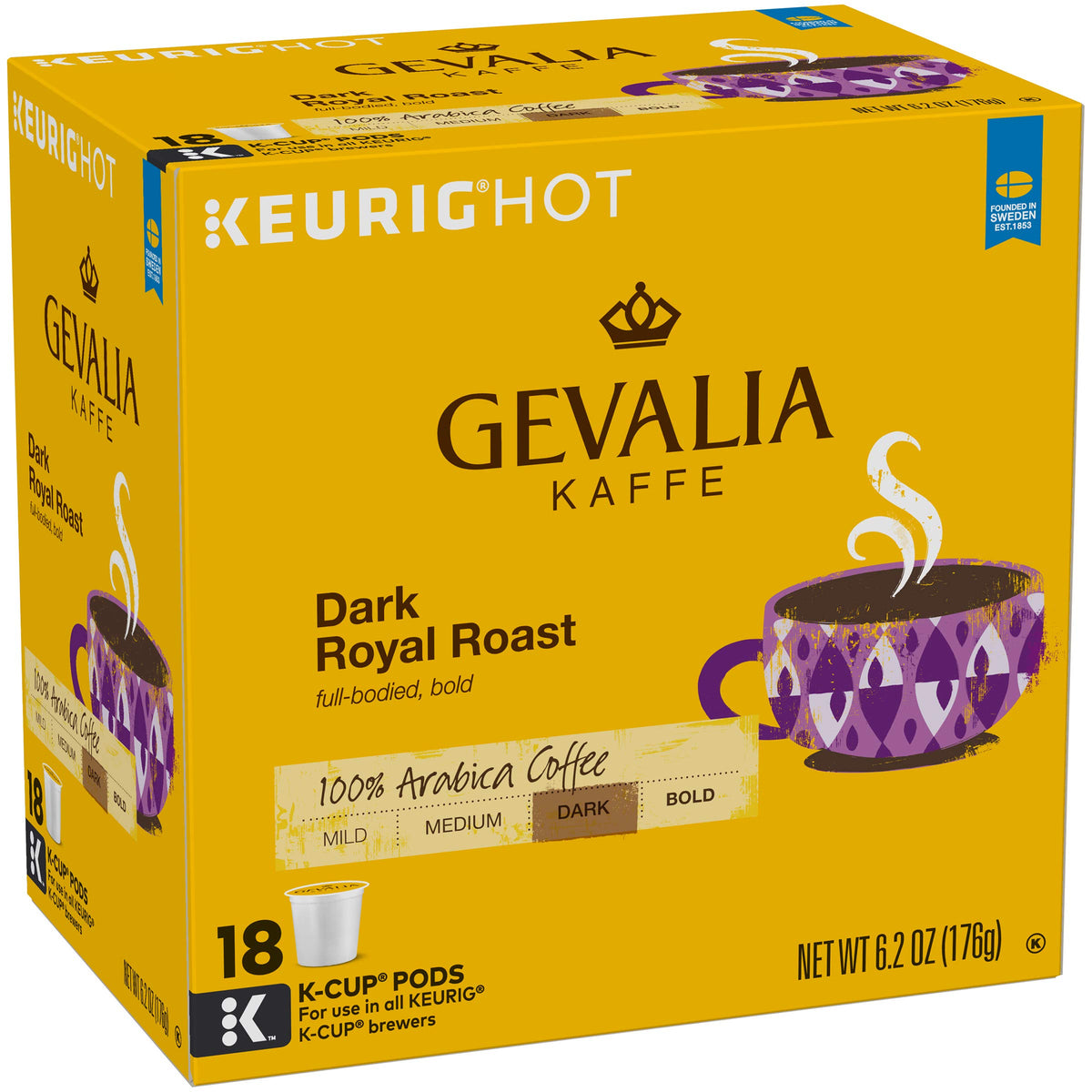 Gevalia Dark Royal Roast boxes stacked for convenient home use.
