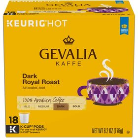 Gevalia Dark Royal Roast K-Cup box front, bold aroma ready to brew.
