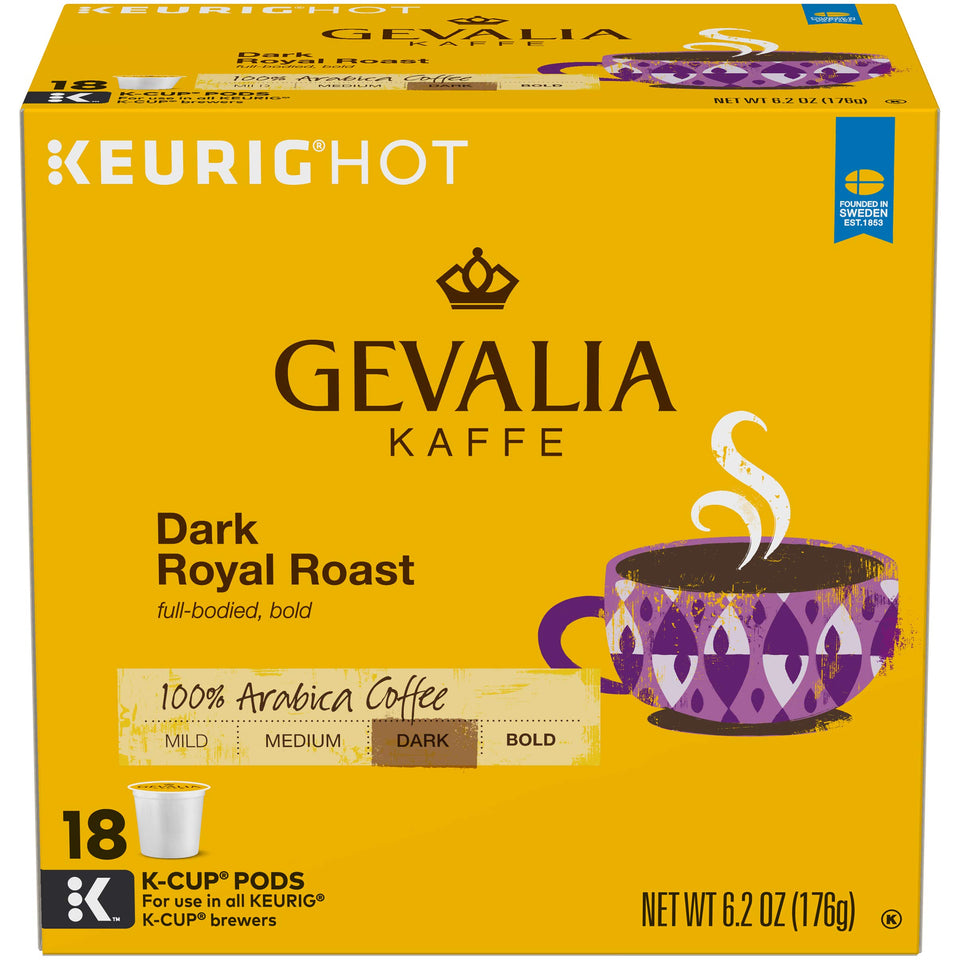 Gevalia Dark Royal Roast K-Cup box front, bold aroma ready to brew.