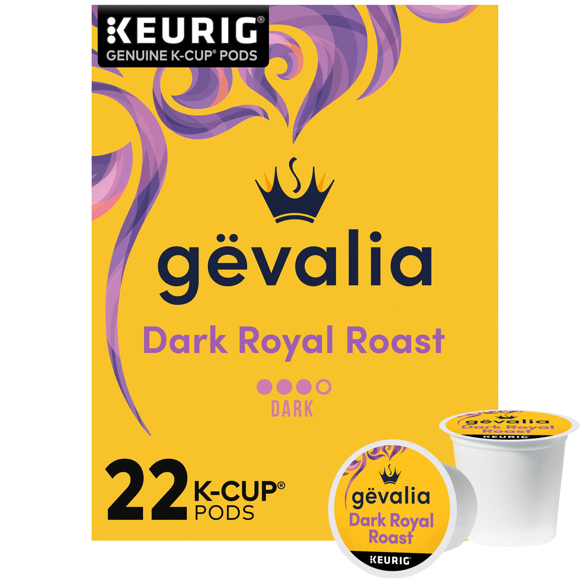 Gevalia Dark Royal Roast pod close-up in a bold morning setup.