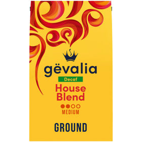 Gevalia House Blend Decaf bag highlighting rich aroma and smooth taste
