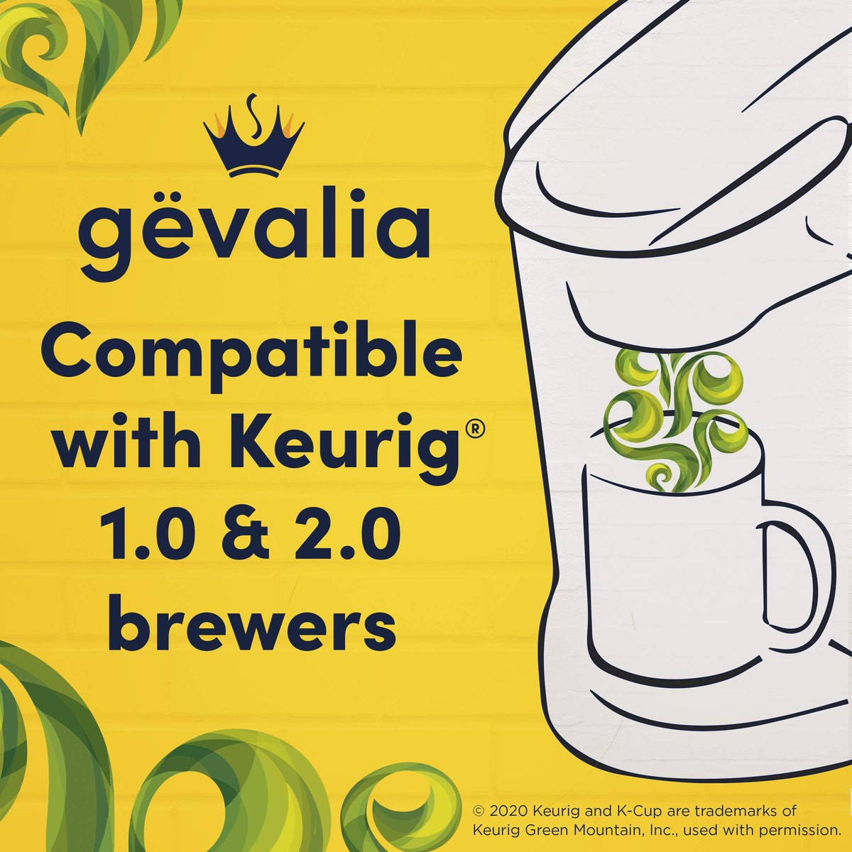Gevalia K-Cup pods compatibility with Keurig 1.0 and 2.0 brewers.
