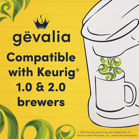 Gevalia K-Cup pods compatibility with Keurig 1.0 and 2.0 brewers.