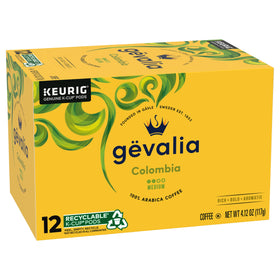 Gevalia Colombian K-Cups box packaging on a kitchen shelf for easy access.