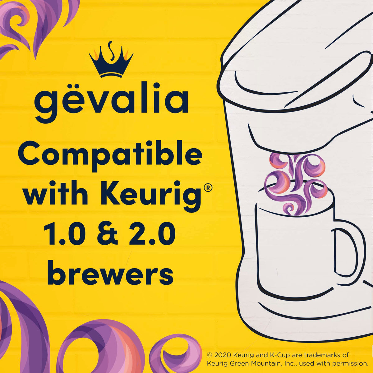 Gevalia Keurig compatibility label for 1.0 and 2.0 brewers