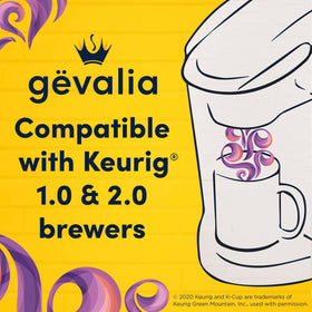 Gevalia Keurig compatibility label for 1.0 and 2.0 brewers