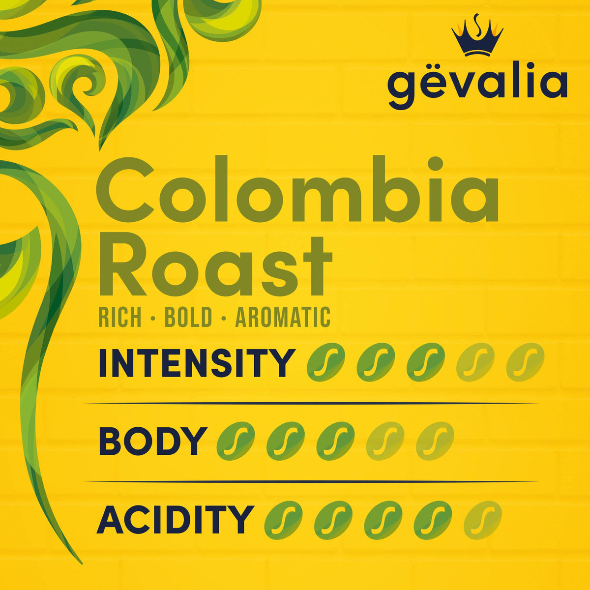 Gevalia mountain-grown Arabica beans from Colombia for a balanced aroma.