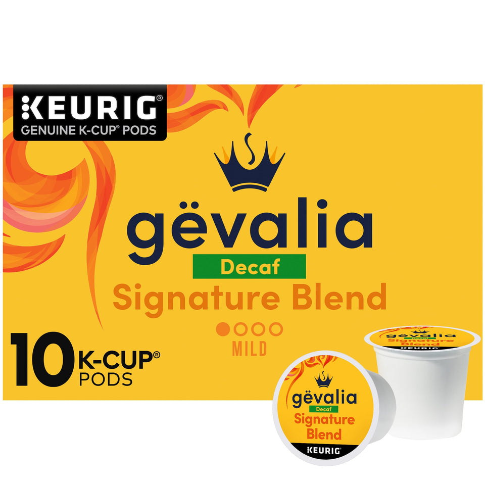 Gevalia Signature Blend Decaf K-Cup pods in a box for everyday use.