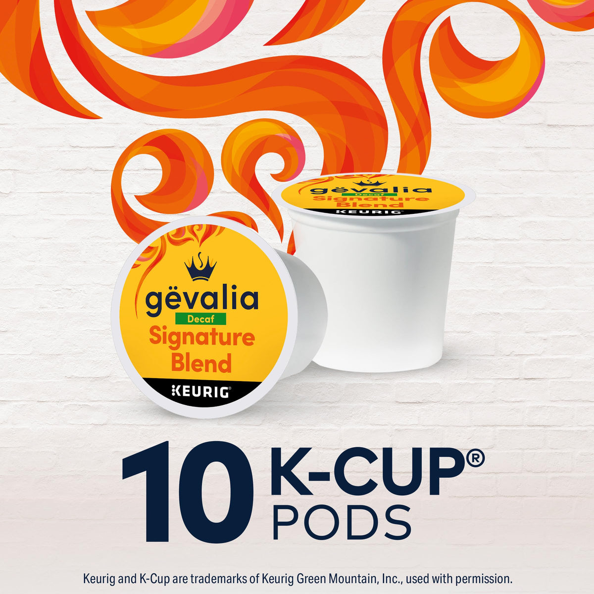 Gevalia Signature Blend Decaf with a steaming mug signaling mellow sweetness.