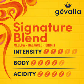 Gevalia Signature Blend Light Roast aroma above a finished cup.