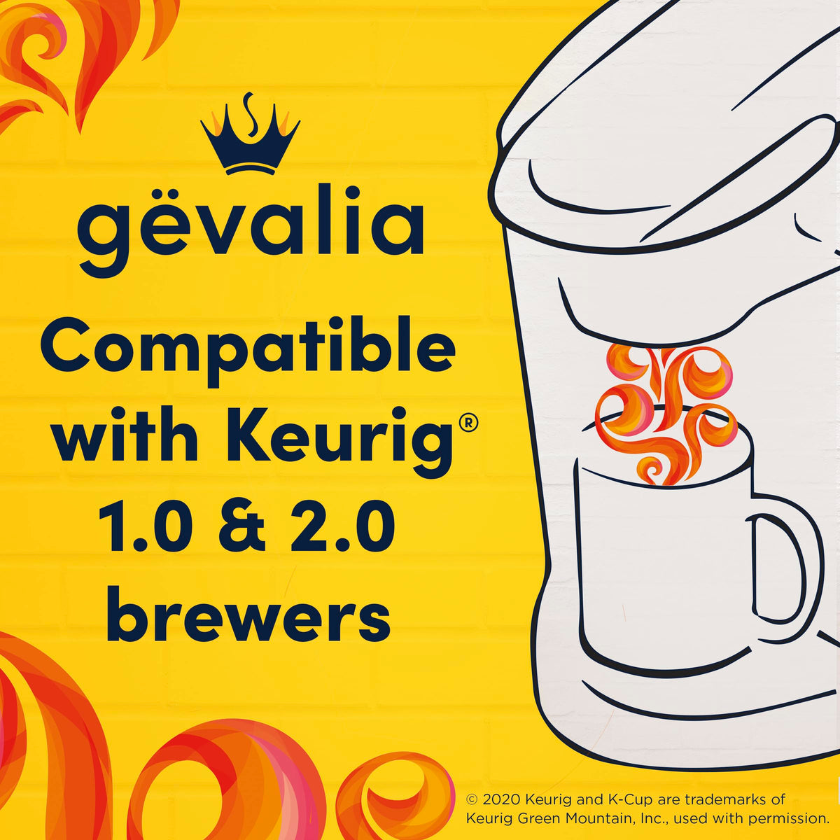 Gevalia Signature Blend Light Roast K-Cups beside a brewed cup.