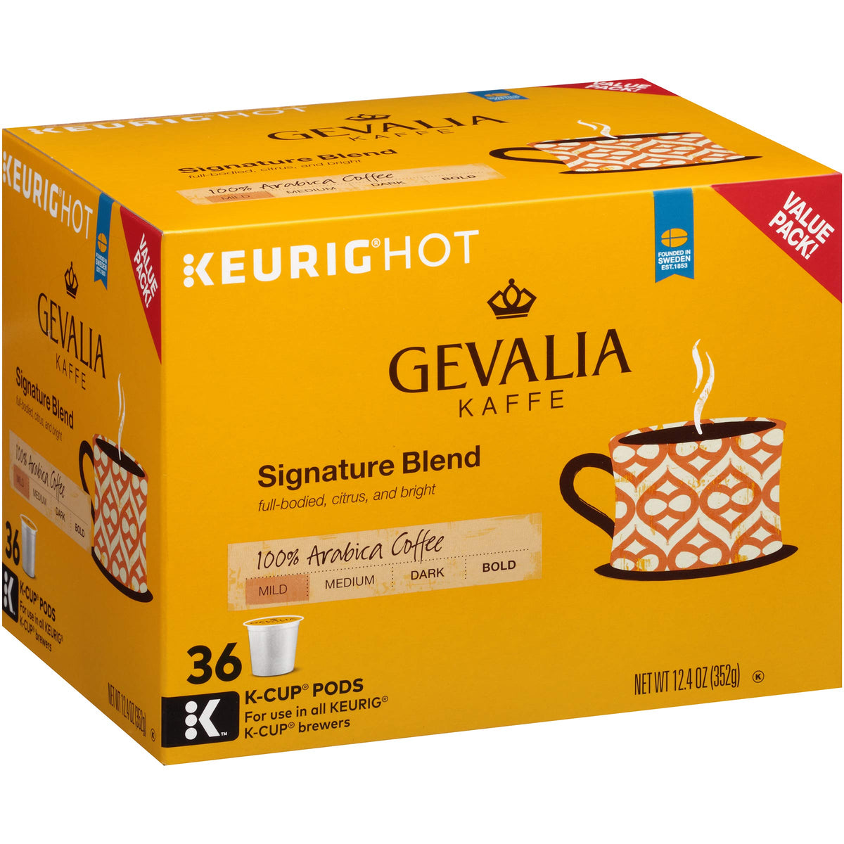 Gevalia Signature Blend Mild Roast coffee packaging preserves freshness and flavor.