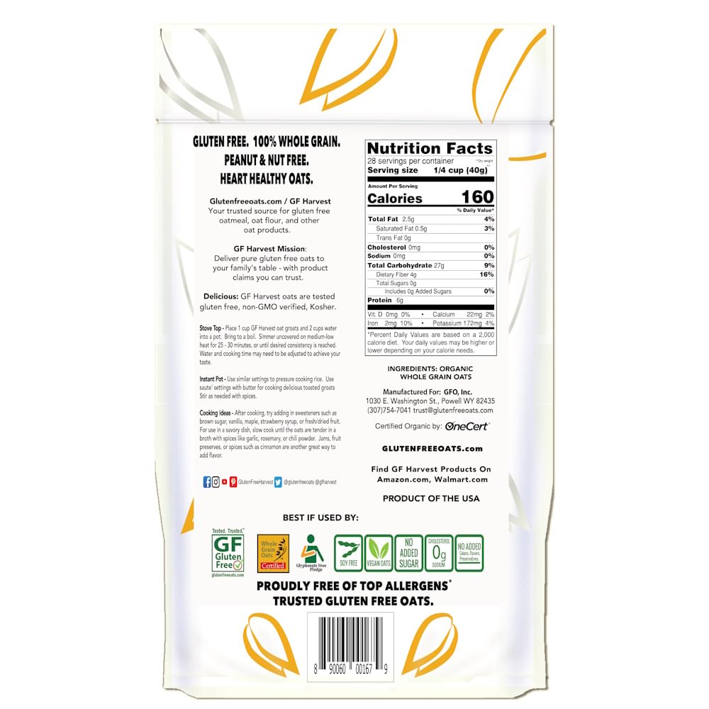 GF Harvest oat groats in bag front highlights gluten free, organic promise.