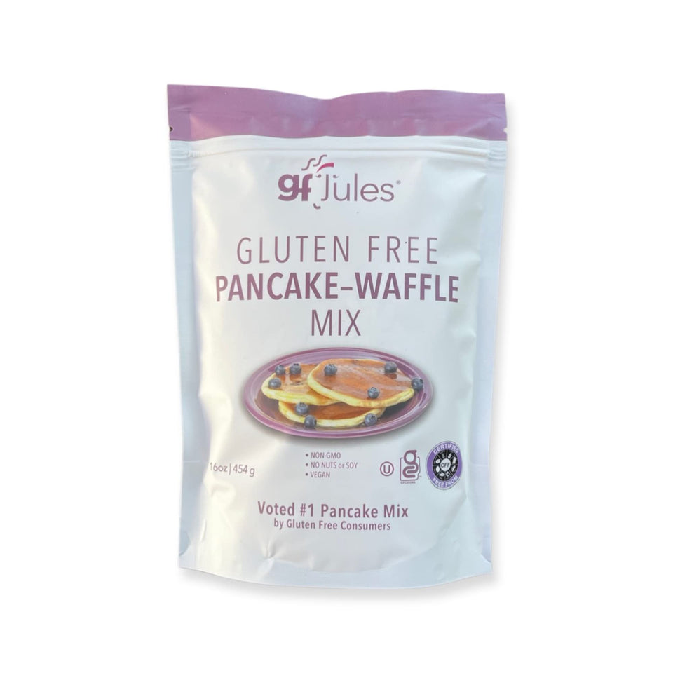 gfJules pancake mix packaging highlights gluten-free, allergen-conscious baking.