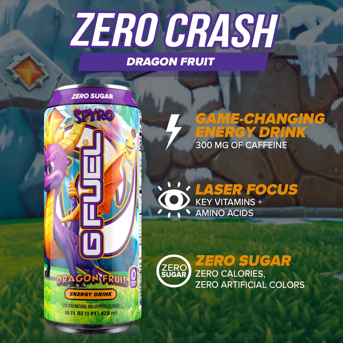 G Fuel Dragon Fruit can close-up shows Spyro artwork and refreshing energy.